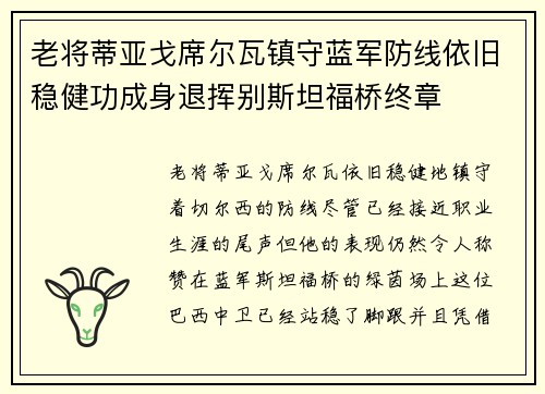 老将蒂亚戈席尔瓦镇守蓝军防线依旧稳健功成身退挥别斯坦福桥终章 老将蒂亚戈席尔瓦镇守蓝军防线依旧稳健功成身退挥别斯坦福桥终章